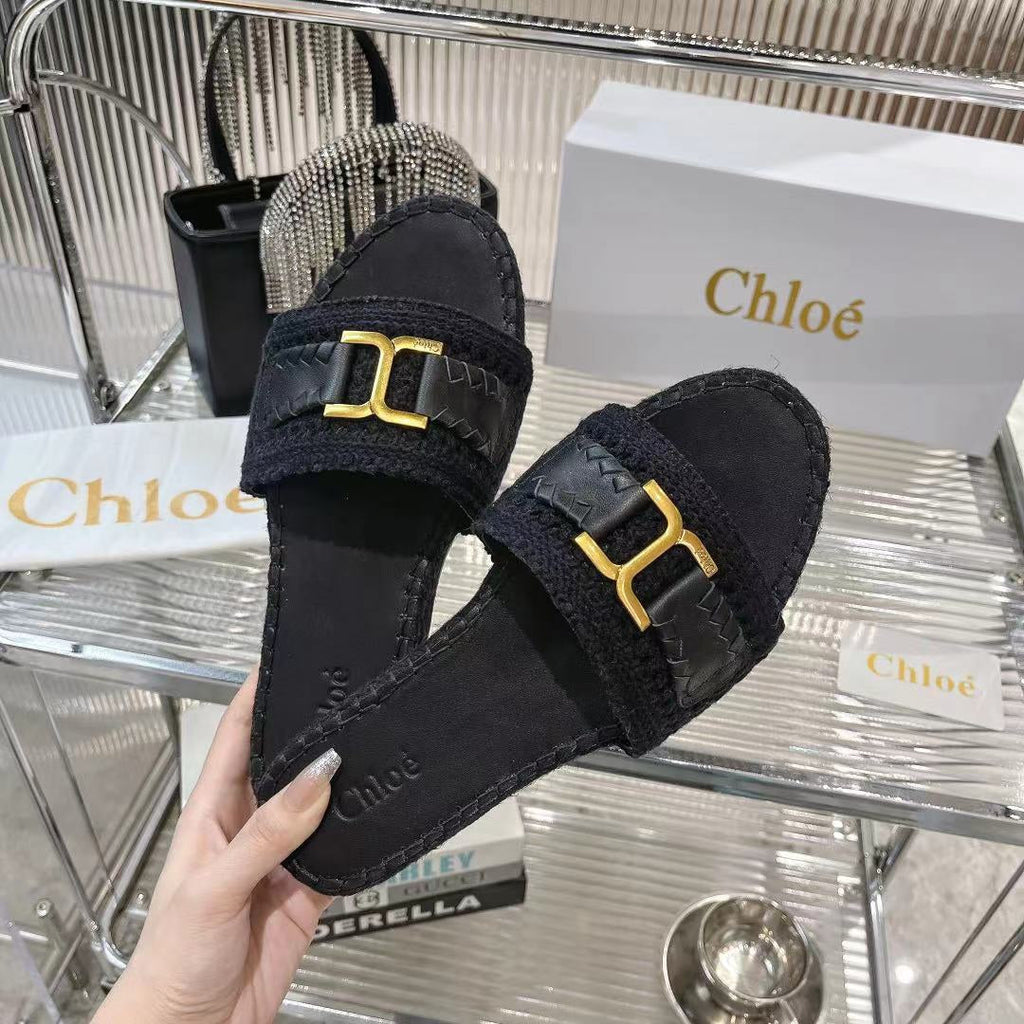 WOVEN SLIPPER IN BLACK WOOL AND LAMBSKIN GOLD HARDWARE