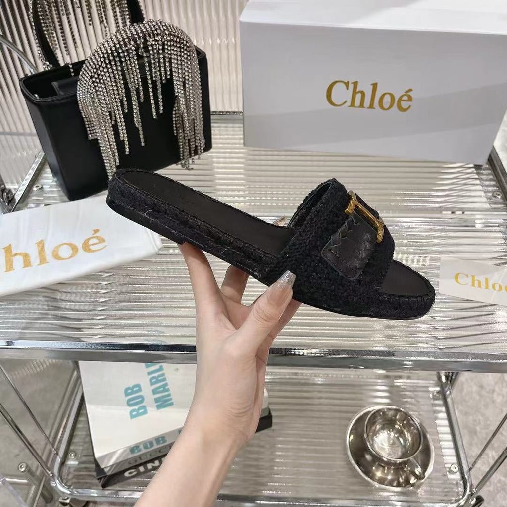 CHLOÉ WOVEN SLIPPER IN BLACK WOOL AND LAMBSKIN GOLD HARDWARE