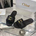CHLOÉ WOVEN SLIPPER IN BLACK WOOL AND LAMBSKIN GOLD HARDWARE