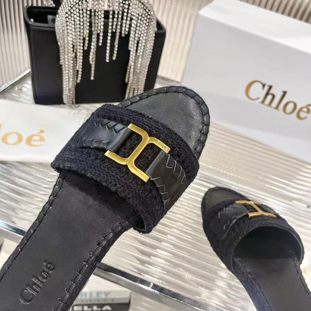 CHLOÉ WOVEN SLIPPER IN BLACK WOOL AND LAMBSKIN GOLD HARDWARE