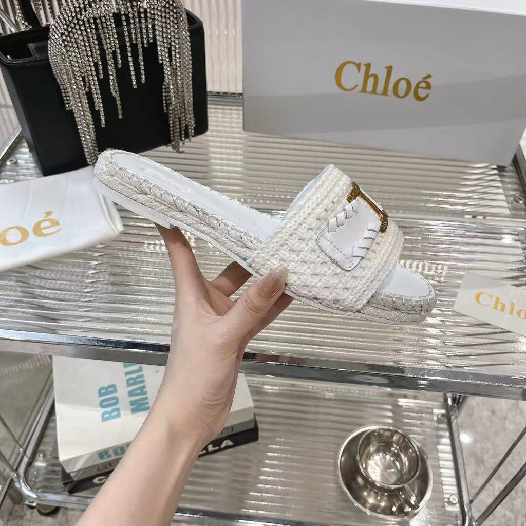 CHLOÉ WOVEN SLIPPER IN WHITE WOOL AND LAMBSKIN GOLD HARDWARE