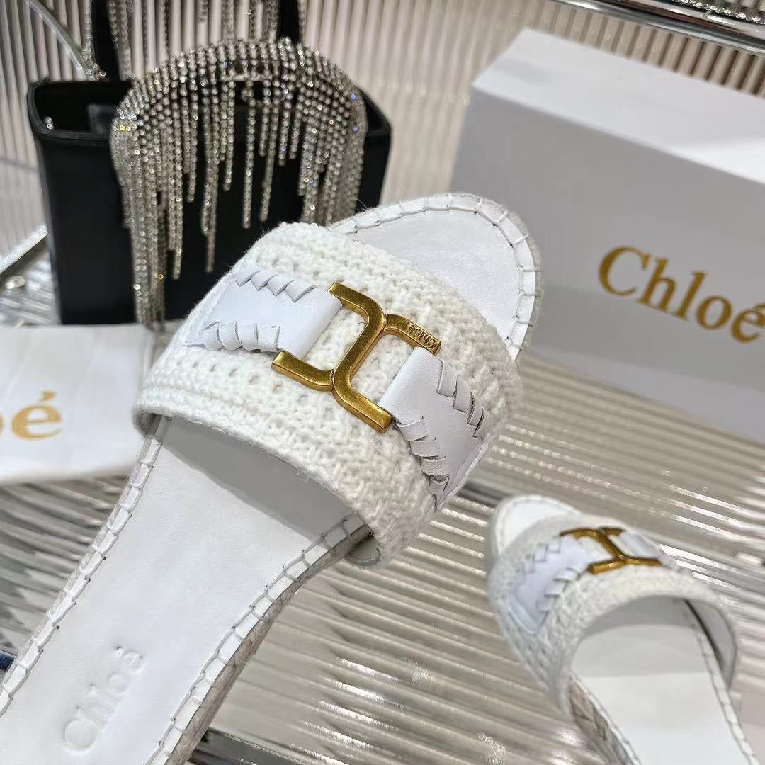 CHLOÉ WOVEN SLIPPER IN WHITE WOOL AND LAMBSKIN GOLD HARDWARE