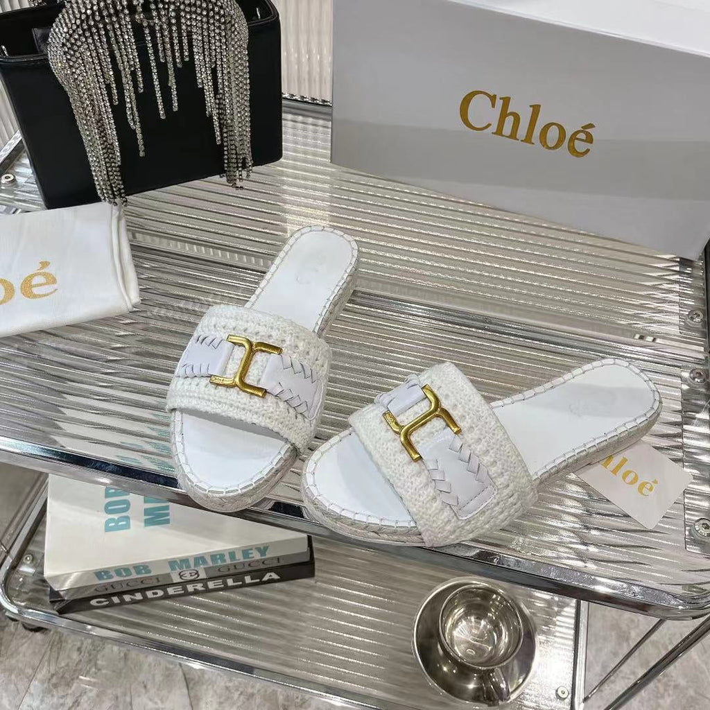 CHLOÉ WOVEN SLIPPER IN WHITE WOOL AND LAMBSKIN GOLD HARDWARE