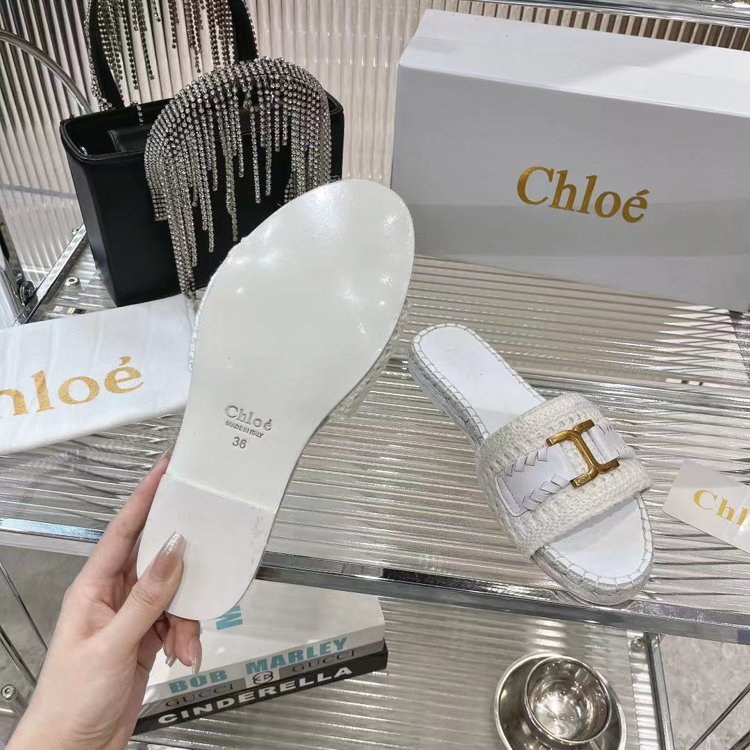 CHLOÉ WOVEN SLIPPER IN WHITE WOOL AND LAMBSKIN GOLD HARDWARE