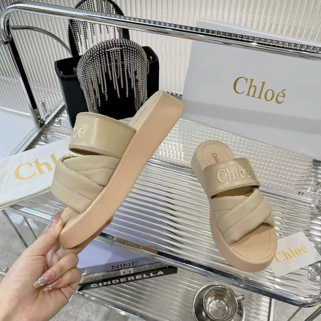 MILA FLAT SLIDES 5 CM IN BEIGE EICRU CALFSKIN AND RE-NYLON