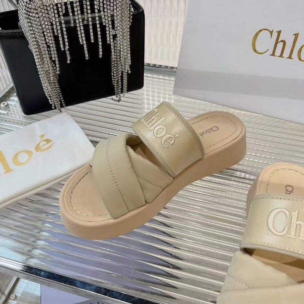 CHLOÉ MILA FLAT SLIDES 5 CM IN BEIGE EICRU CALFSKIN AND RE-NYLON