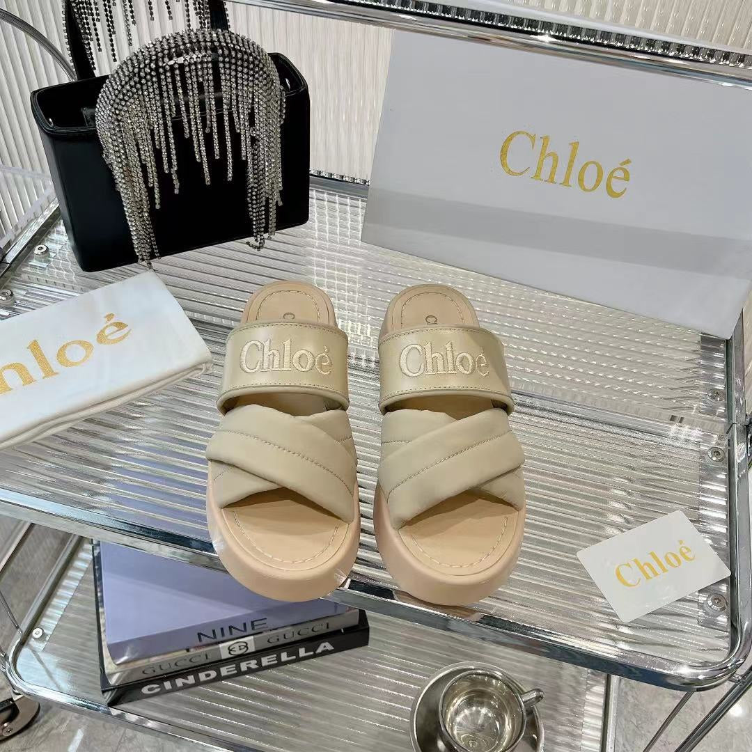 CHLOÉ MILA FLAT SLIDES 5 CM IN BEIGE EICRU CALFSKIN AND RE-NYLON