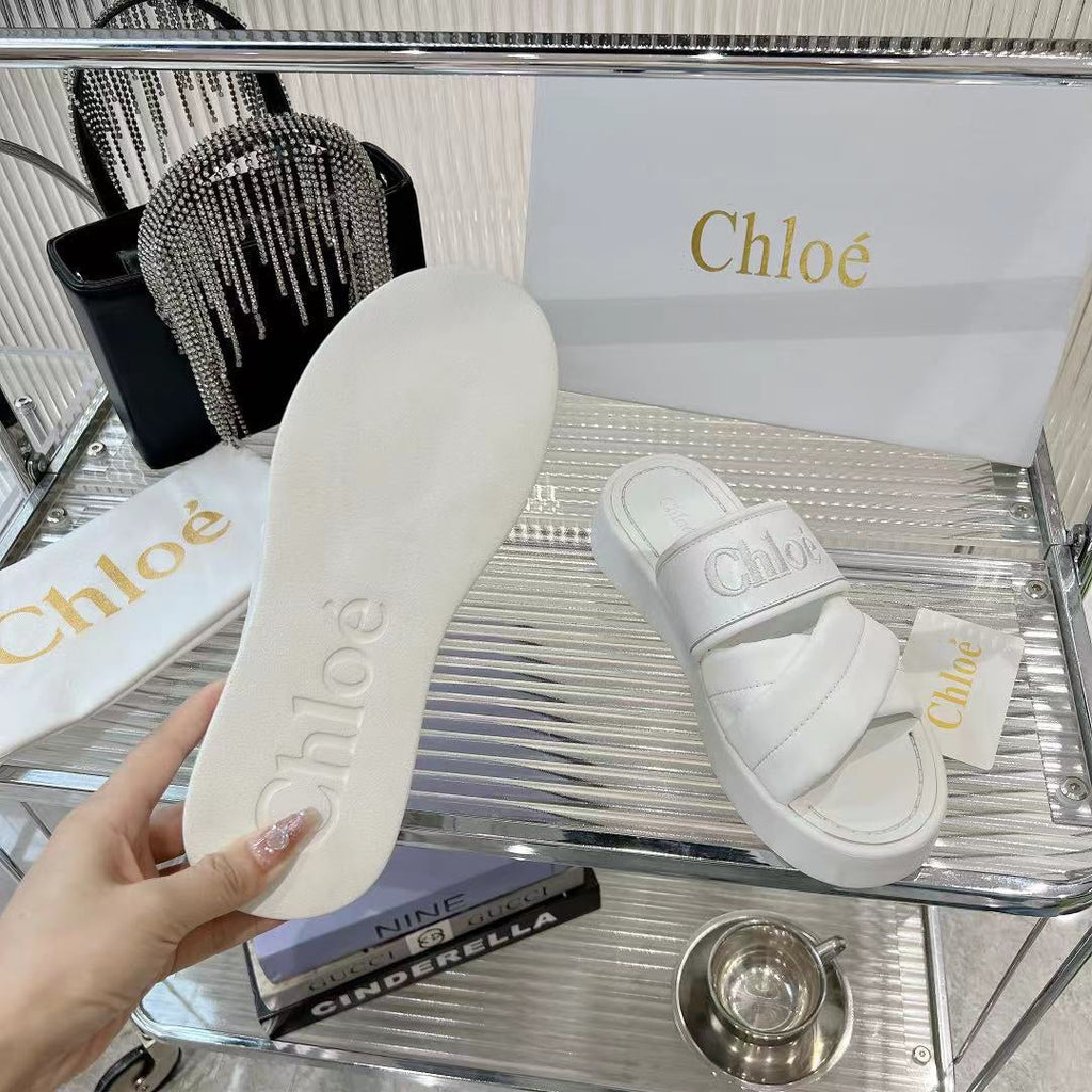 CHLOÉ MILA FLAT SLIDES 5 CM IN WHITE CALFSKIN AND RE-NYLON