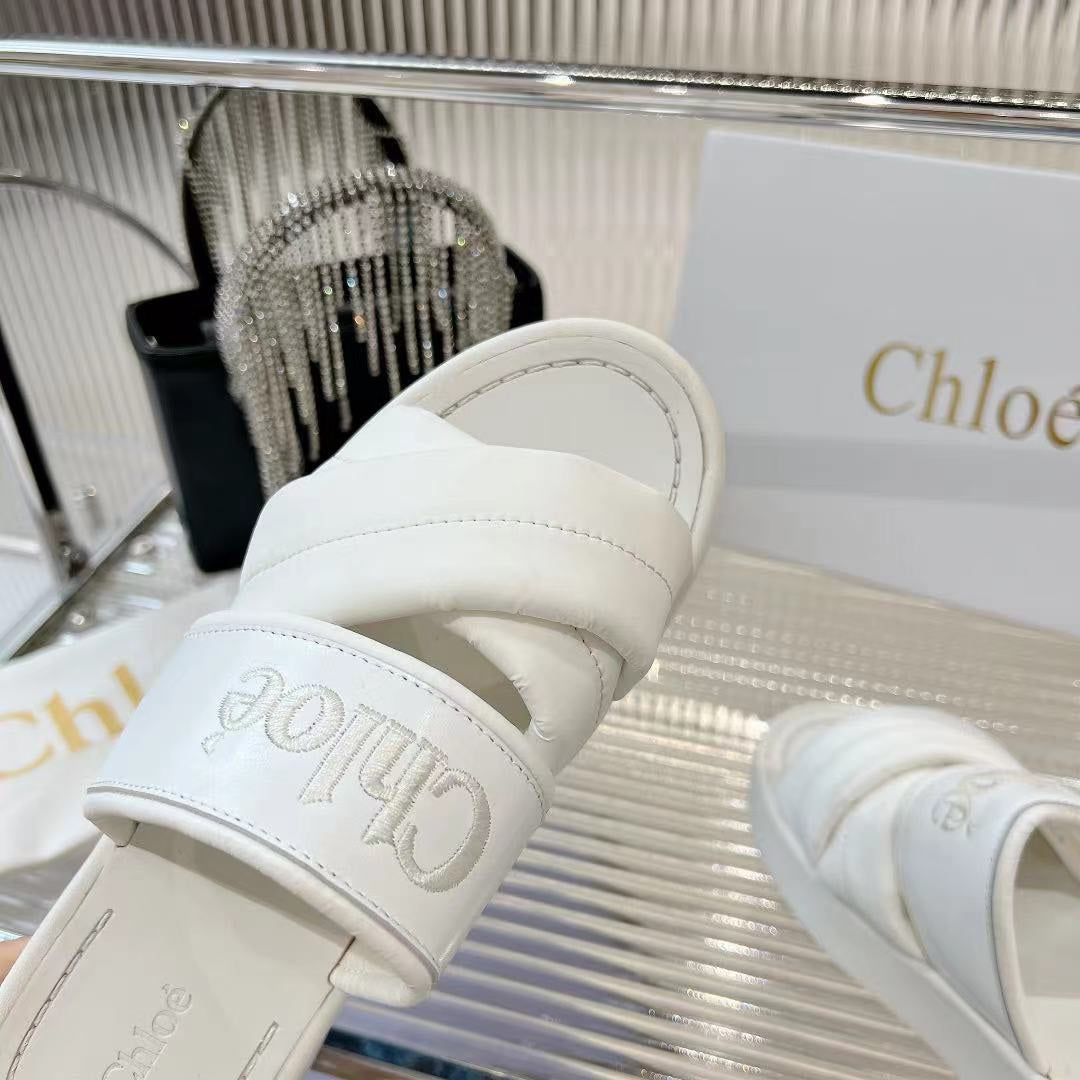 CHLOÉ MILA FLAT SLIDES 5 CM IN WHITE CALFSKIN AND RE-NYLON