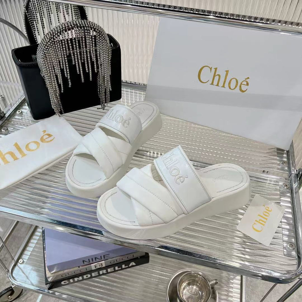 CHLOÉ MILA FLAT SLIDES 5 CM IN WHITE CALFSKIN AND RE-NYLON