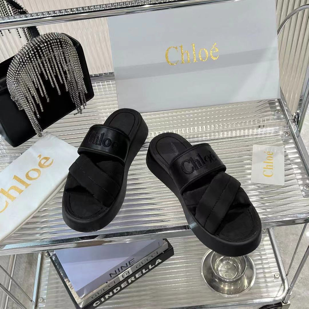 CHLOÉ MILA FLAT SLIDES 5 CM IN BLACK CALFSKIN AND RE-NYLON