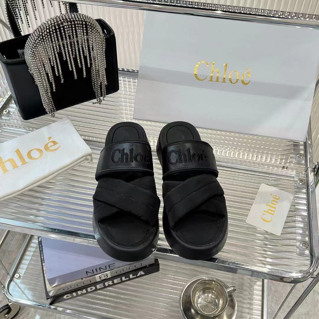CHLOÉ MILA FLAT SLIDES 5 CM IN BLACK CALFSKIN AND RE-NYLON