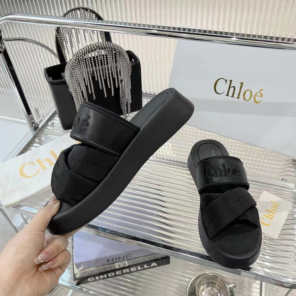 MILA FLAT SLIDES 5 CM IN BLACK CALFSKIN AND RE-NYLON