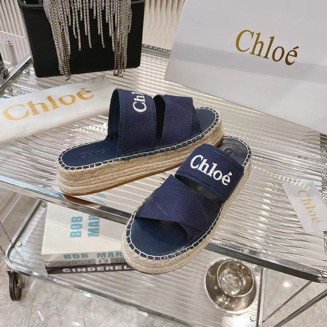 CHLOÉ MILA PLATFORM 5 CM IN NAVY BLUE FABRIC AND BEIGE RAFFIA
