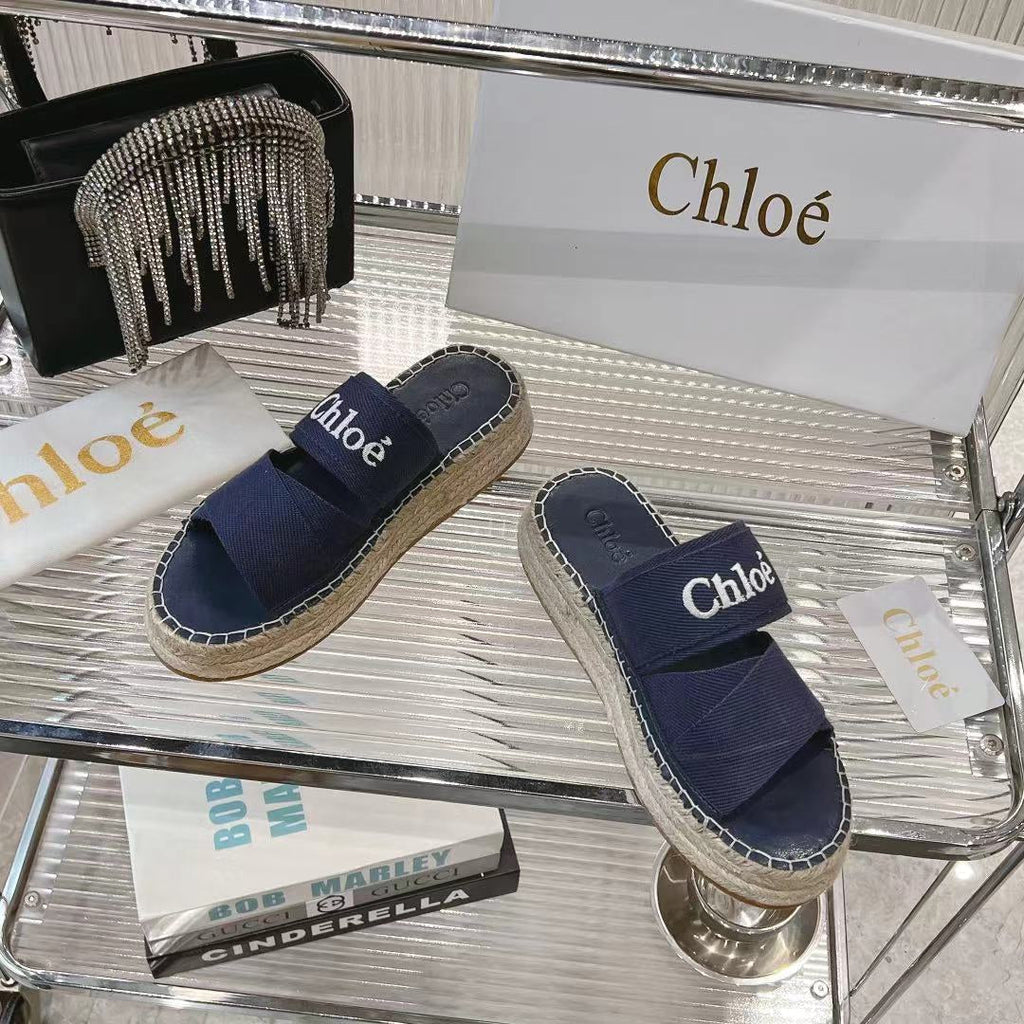 CHLOÉ MILA PLATFORM 5 CM IN NAVY BLUE FABRIC AND BEIGE RAFFIA