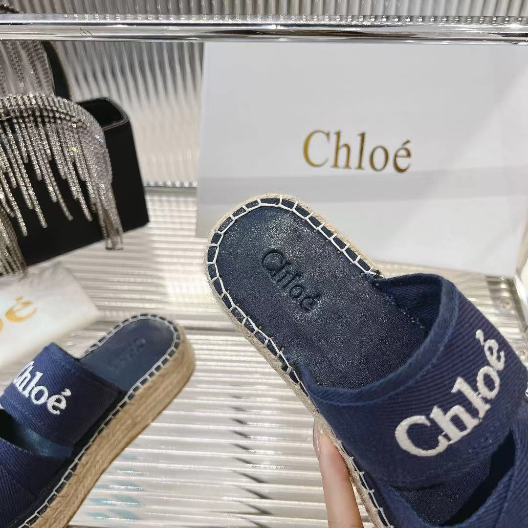 CHLOÉ MILA PLATFORM 5 CM IN NAVY BLUE FABRIC AND BEIGE RAFFIA