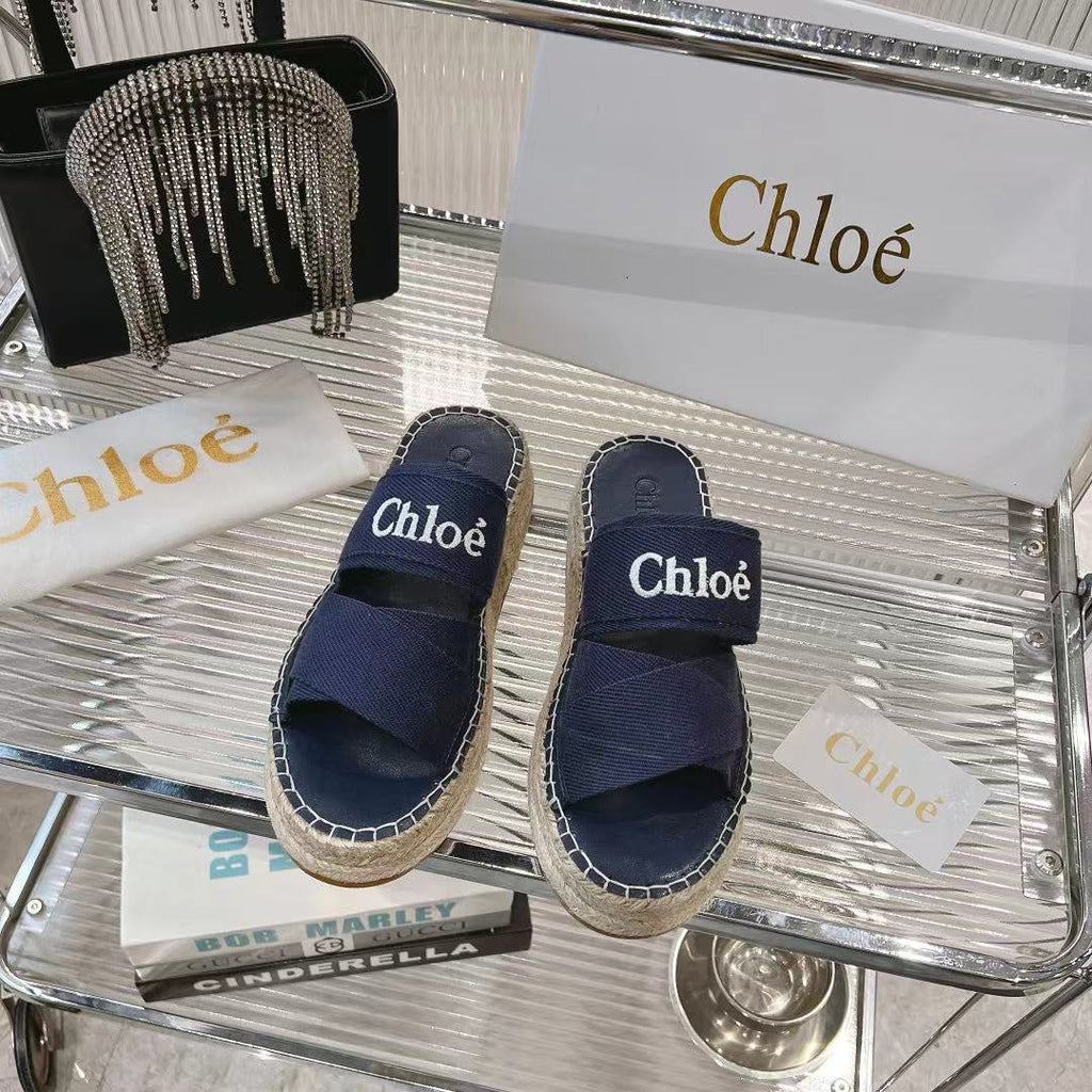 CHLOÉ MILA PLATFORM 5 CM IN NAVY BLUE FABRIC AND BEIGE RAFFIA