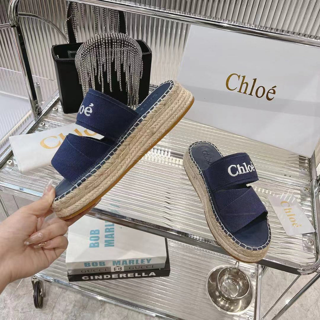 CHLOÉ MILA PLATFORM 5 CM IN NAVY BLUE FABRIC AND BEIGE RAFFIA