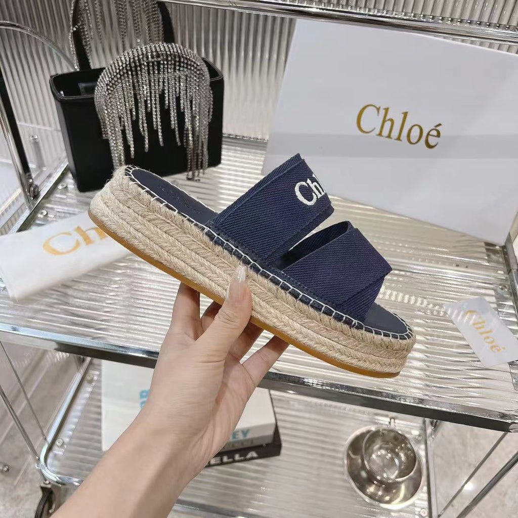 CHLOÉ MILA PLATFORM 5 CM IN NAVY BLUE FABRIC AND BEIGE RAFFIA