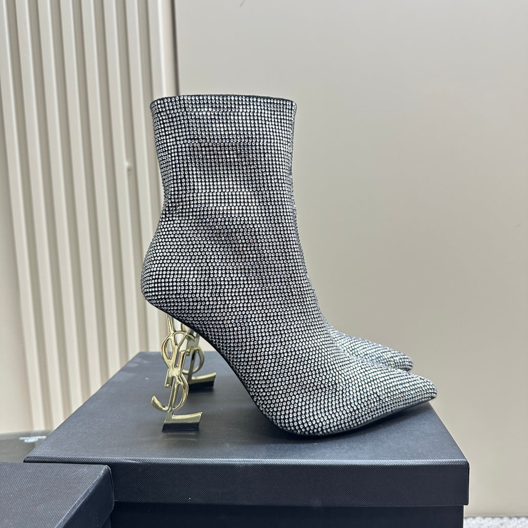 SL OPYUM GLITTER HEELED BOOT BLACK CALFSKIN