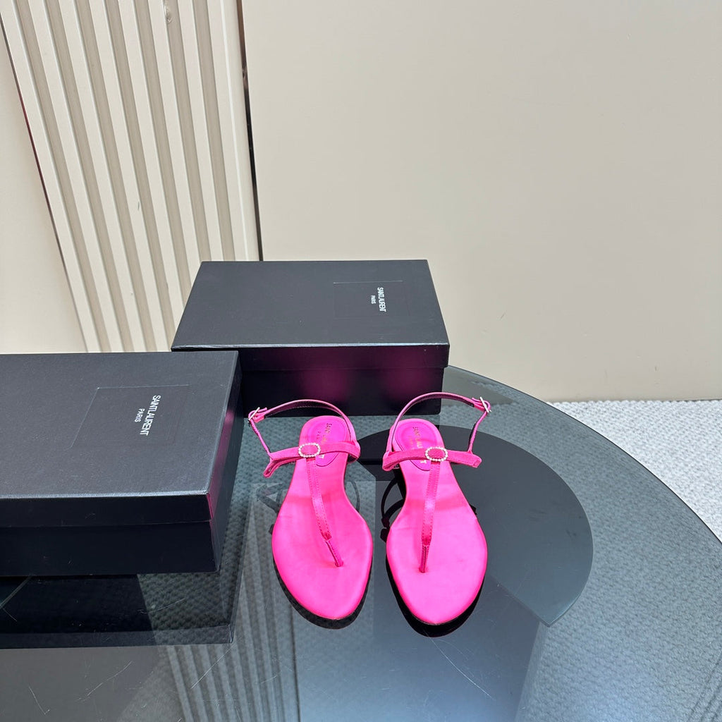 SL CRYSTAL T-STRAP FLAT SANDAL BRIGHT PINK SATIN