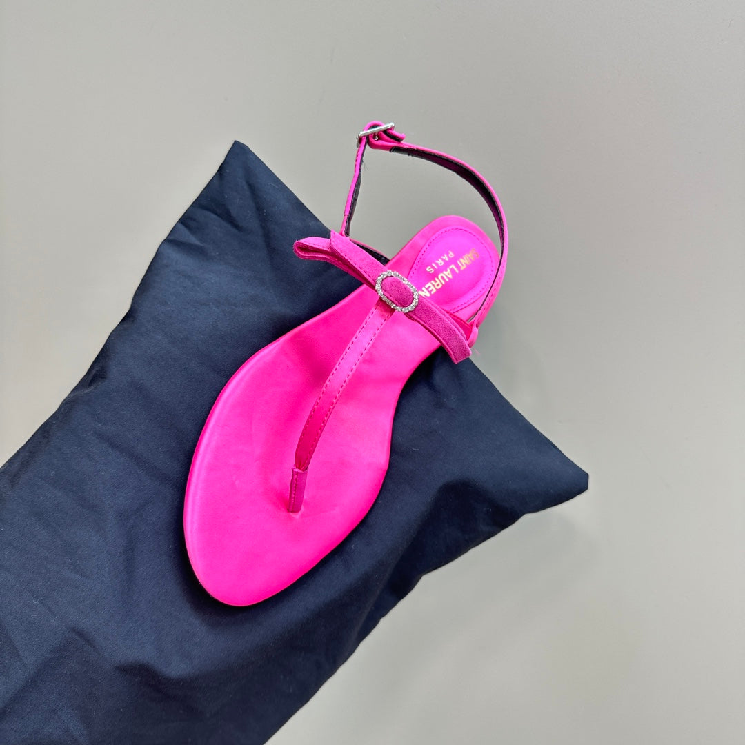 SL CRYSTAL T-STRAP FLAT SANDAL BRIGHT PINK SATIN