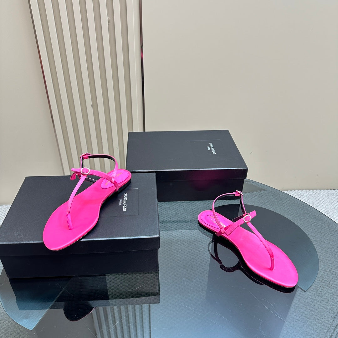 SL CRYSTAL T-STRAP FLAT SANDAL BRIGHT PINK SATIN