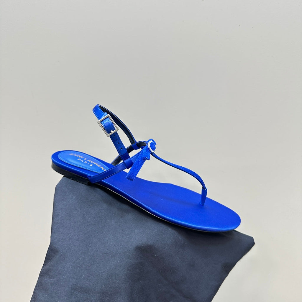SL CRYSTAL T-STRAP FLAT SANDAL COBALT SATIN