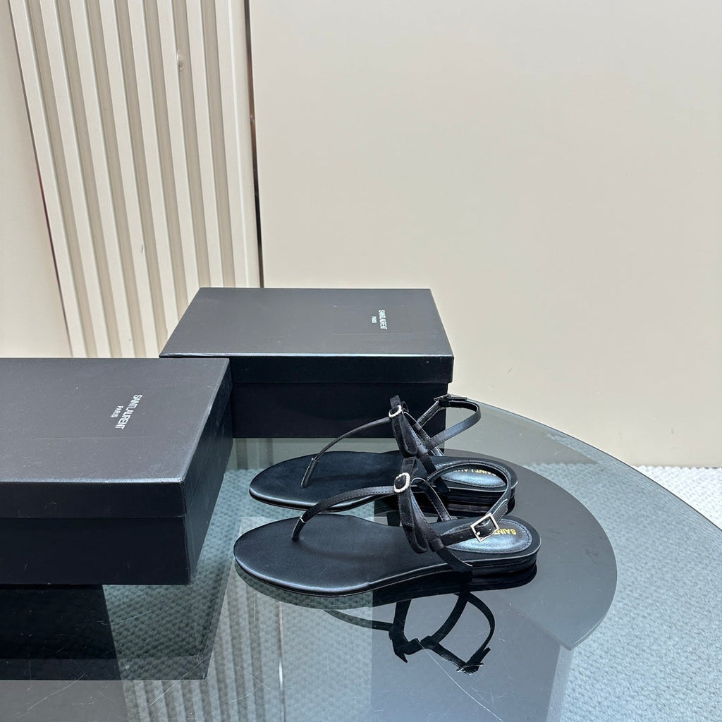 SL CRYSTAL T-STRAP FLAT SANDAL BLACK SATIN