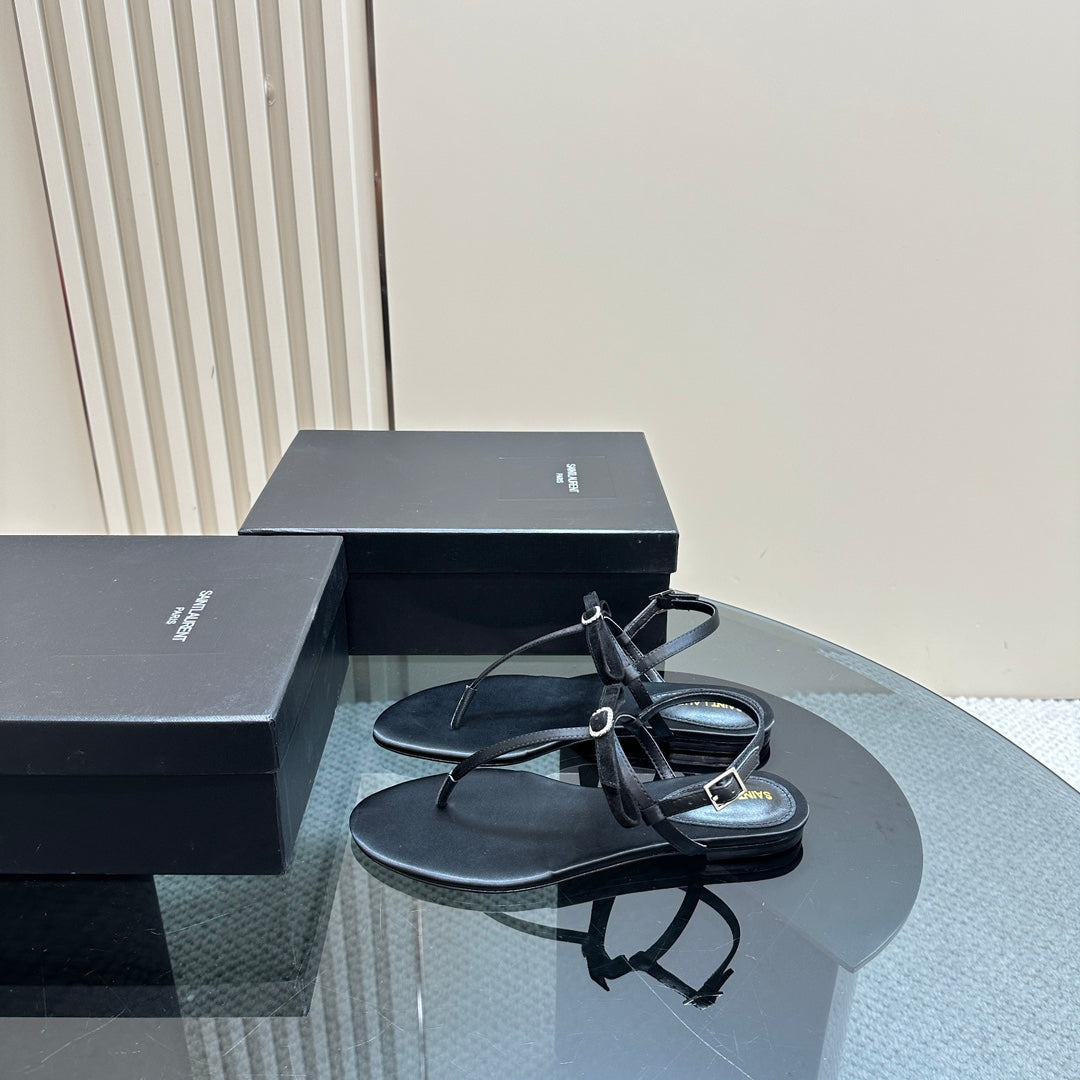 SL CRYSTAL T-STRAP FLAT SANDAL BLACK SATIN