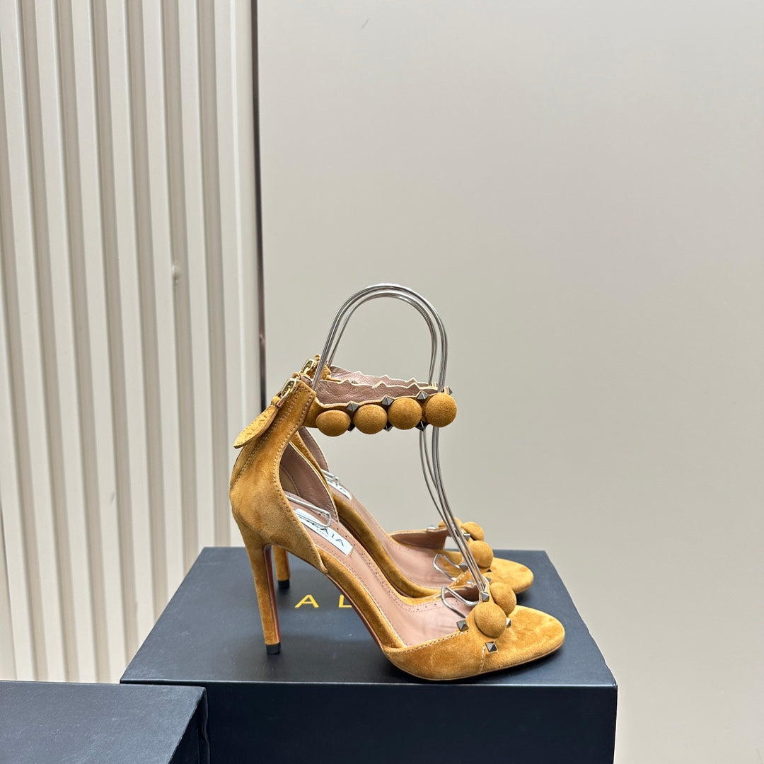 ALAIA HIGH HEEL SANDAL 10 CM IN DIJON YELLOW SUEDE