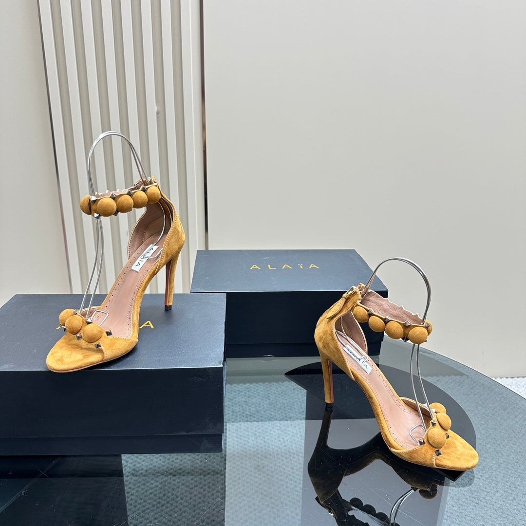 ALAIA HIGH HEEL SANDAL 10 CM IN DIJON YELLOW SUEDE