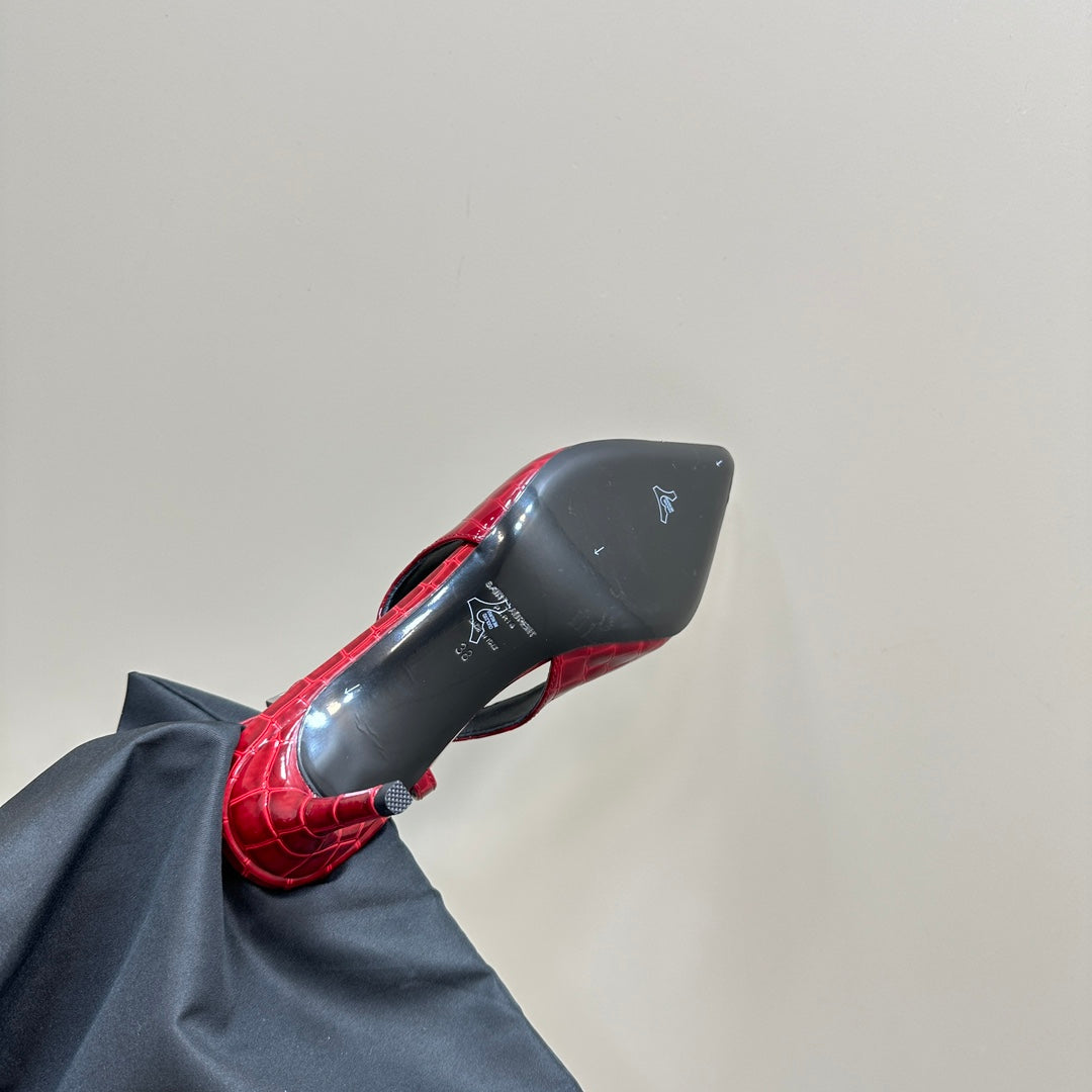 SL TRAPEZE CROCODILE MOTIF SLINGBACK PUMP RED CALFSKIN