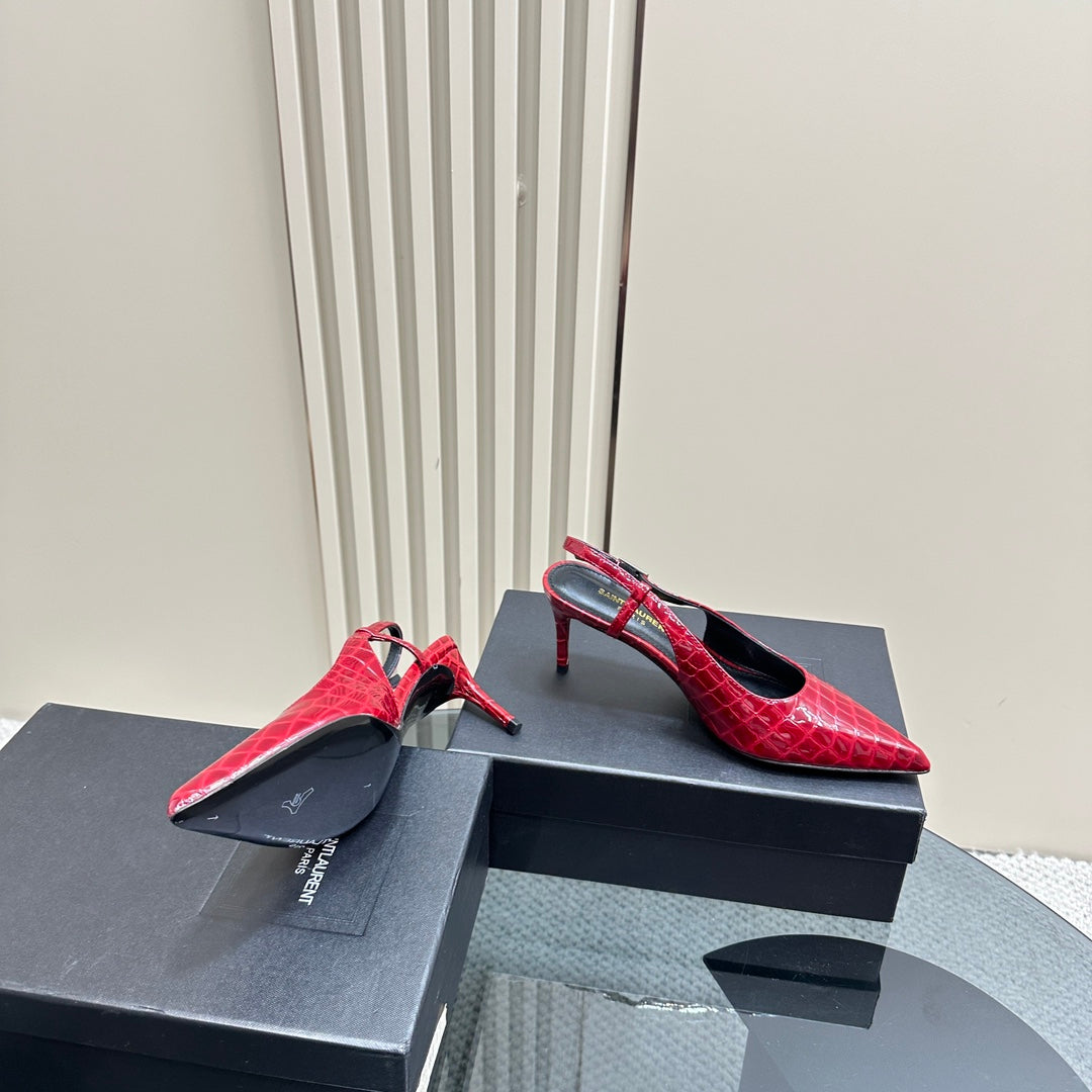 SL TRAPEZE CROCODILE MOTIF SLINGBACK PUMP RED CALFSKIN