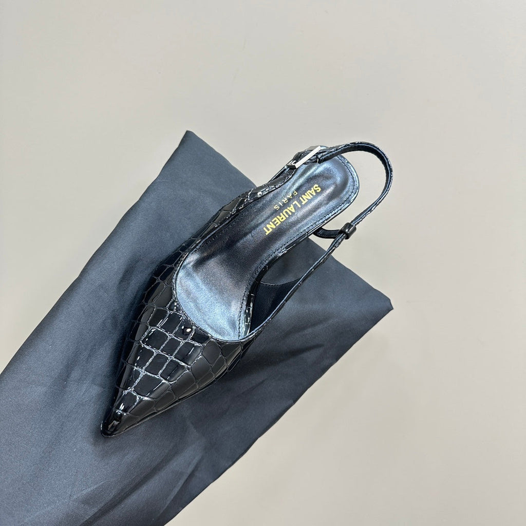 SL TRAPEZE CROCODILE MOTIF SLINGBACK PUMP BLACK CALFSKIN