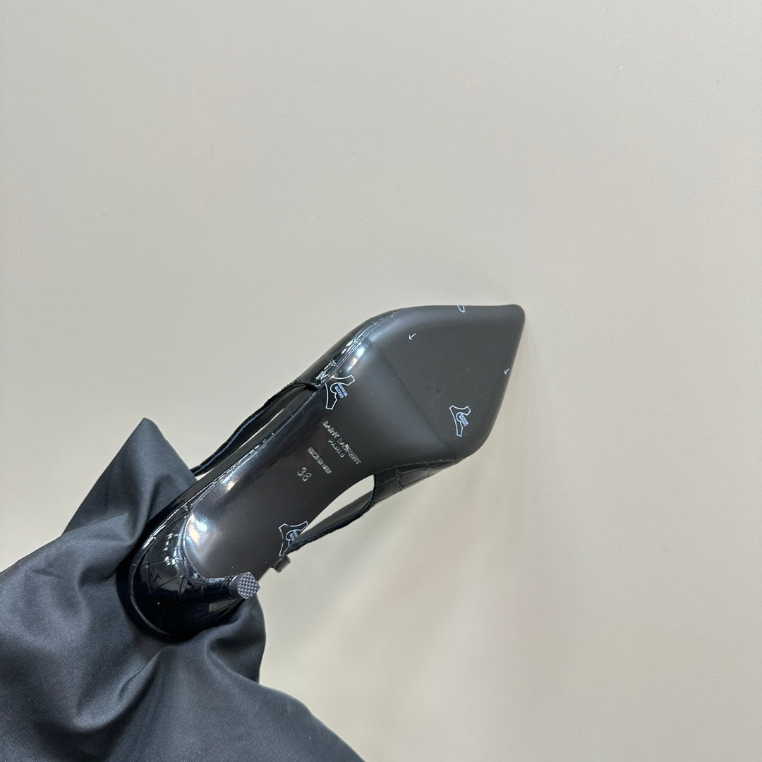 SL TRAPEZE CROCODILE MOTIF SLINGBACK PUMP BLACK CALFSKIN