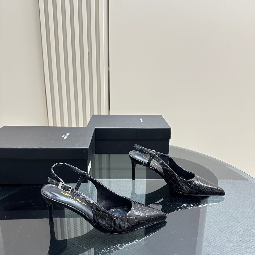 SL TRAPEZE CROCODILE MOTIF SLINGBACK PUMP BLACK CALFSKIN