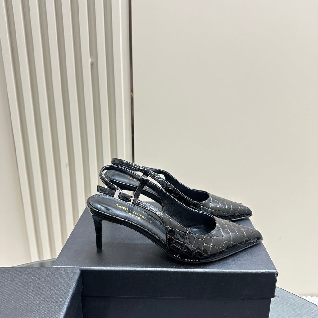 SL TRAPEZE CROCODILE MOTIF SLINGBACK PUMP BLACK CALFSKIN