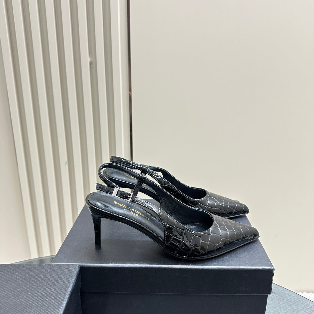 SL TRAPEZE CROCODILE MOTIF SLINGBACK PUMP BLACK CALFSKIN