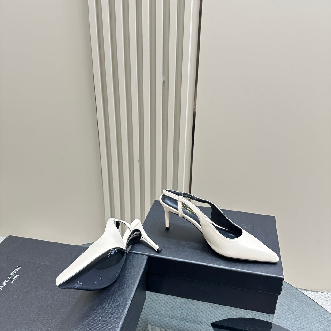 SL TRAPEZE HEEL SLINGBACK PUMP WHITE CALFSKIN