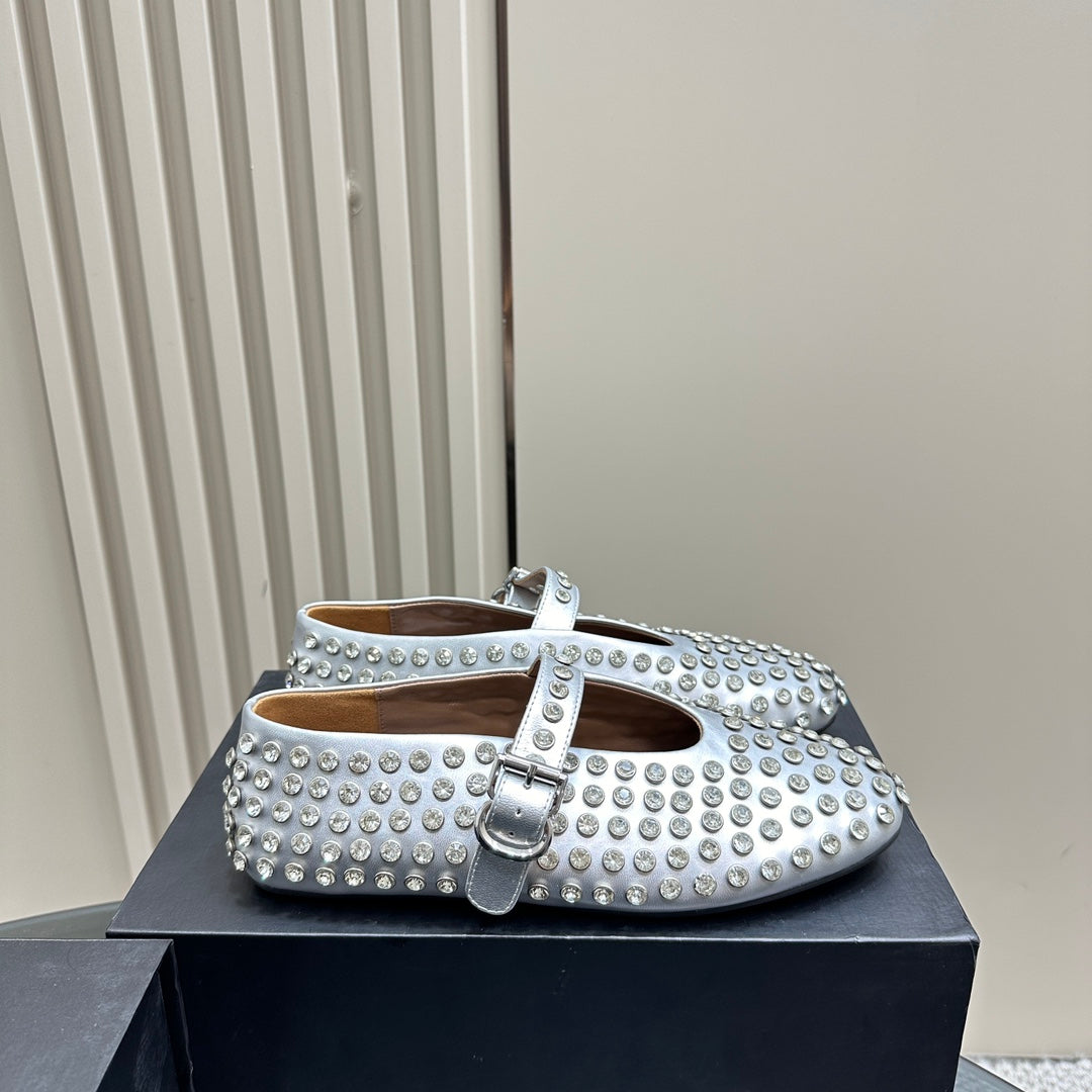 ALAIA CRYSTAL EMBELLISHED BALLET FLATS IN SILVER CALFSKIN
