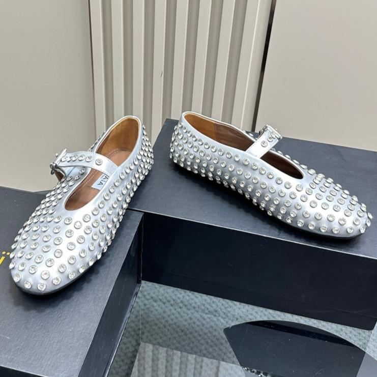 ALAIA CRYSTAL EMBELLISHED BALLET FLATS IN SILVER CALFSKIN