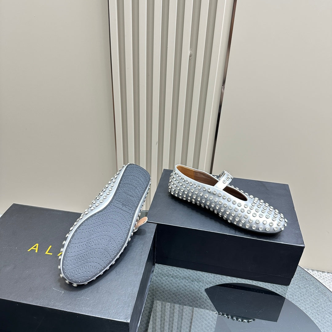 ALAIA CRYSTAL EMBELLISHED BALLET FLATS IN SILVER CALFSKIN