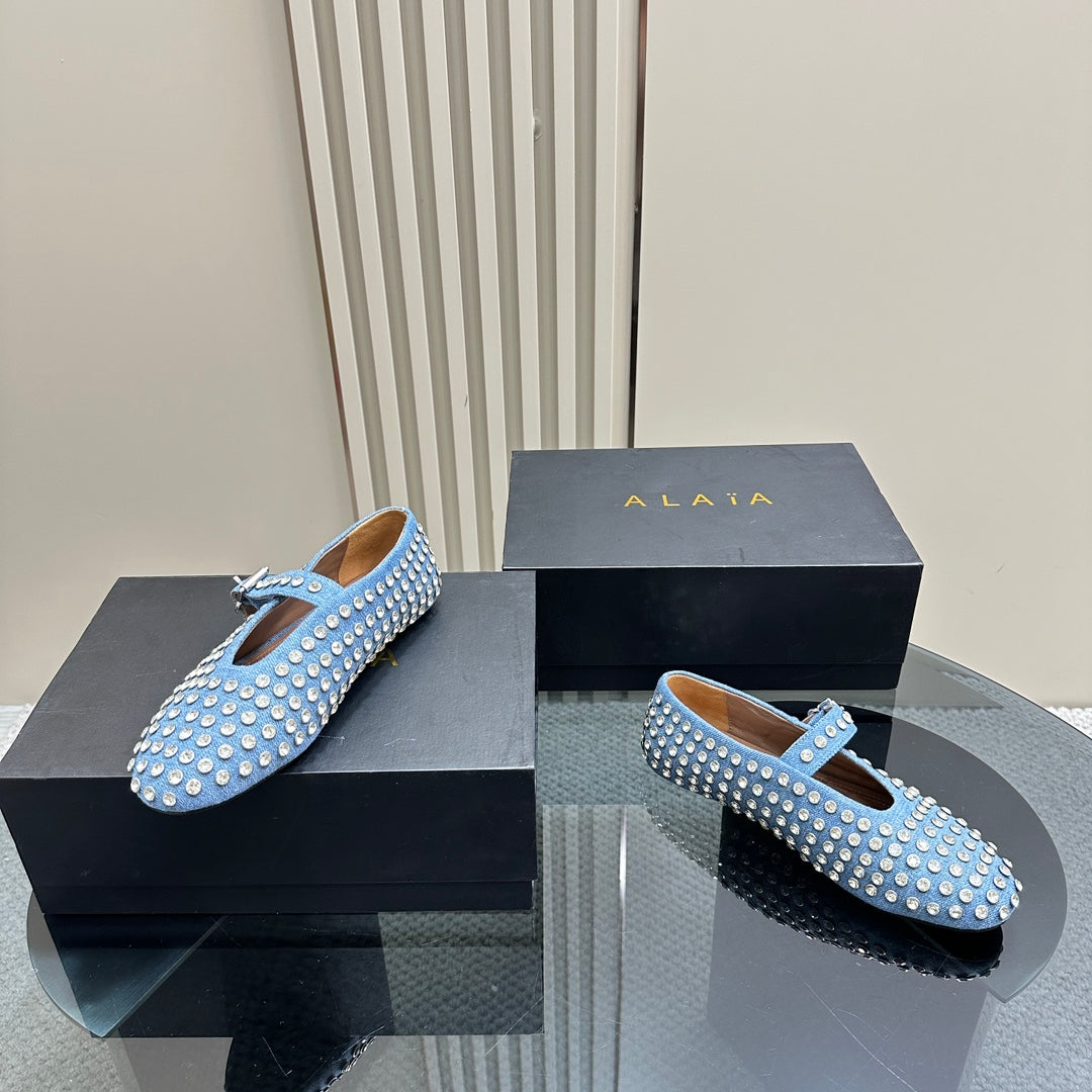 ALAIA CRYSTAL EMBELLISHED BALLET FLATS IN LIGHT BLUE DENIM
