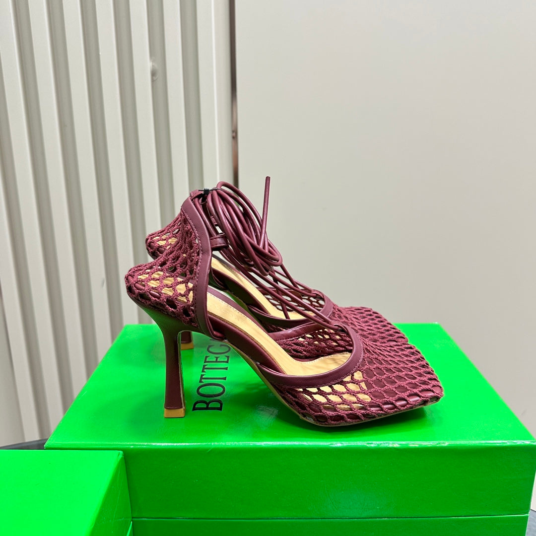 STRETCH HIGH HEELS 9 CM IN SANGRIA RED METALLIZE MESH AND LEATHER