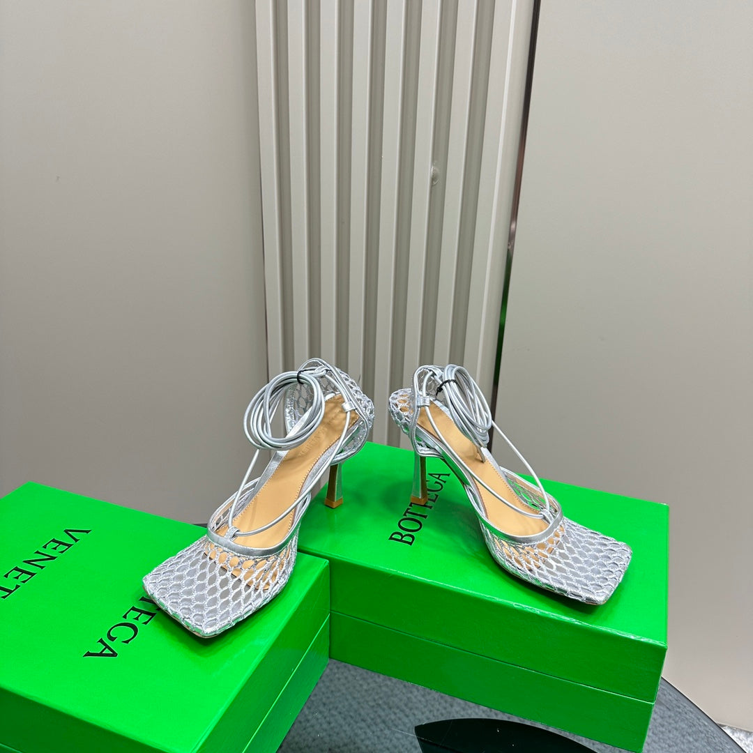 STRETCH HIGH HEELS 9 CM IN SILVER METALLIZE MESH AND LEATHER