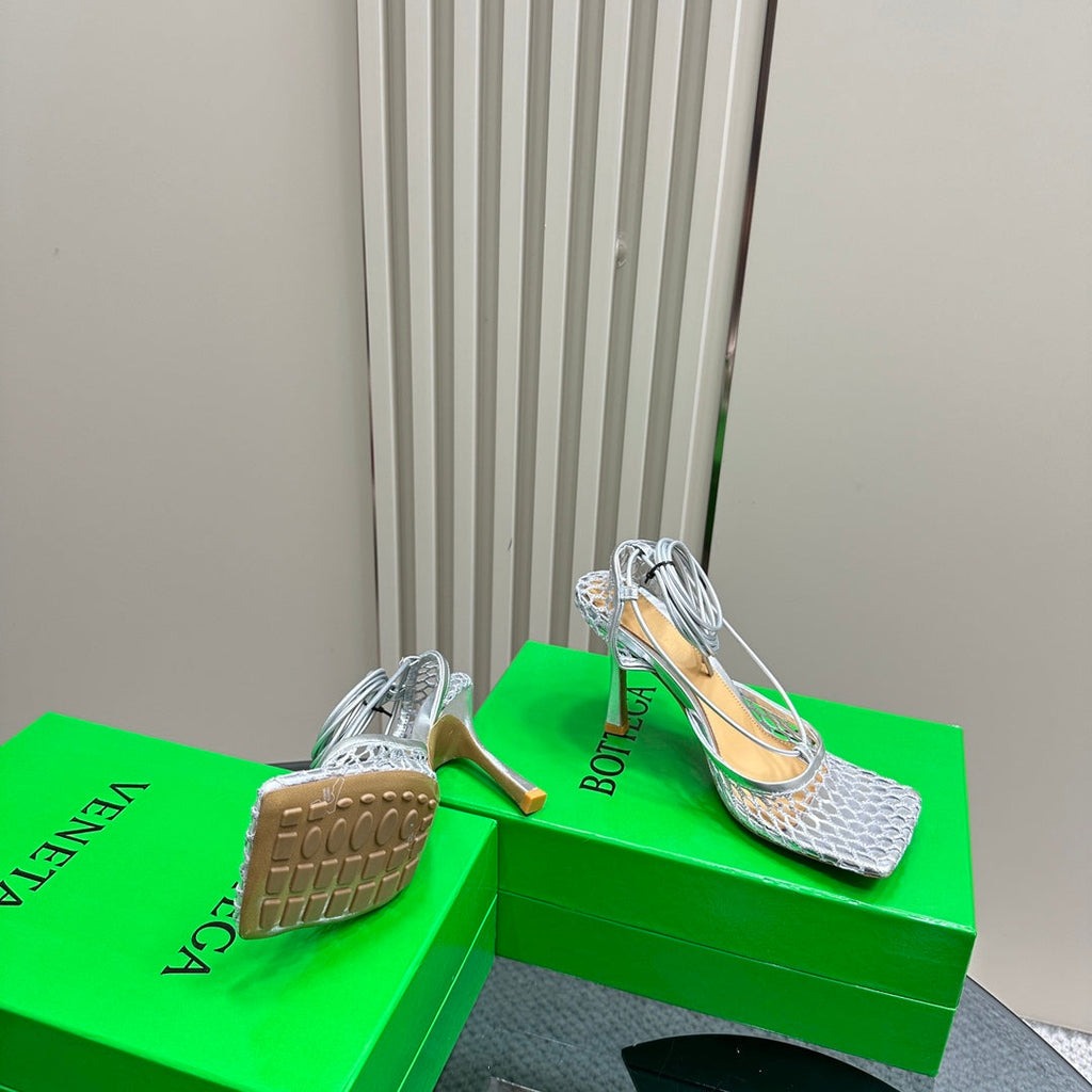 STRETCH HIGH HEELS 9 CM IN SILVER METALLIZE MESH AND LEATHER