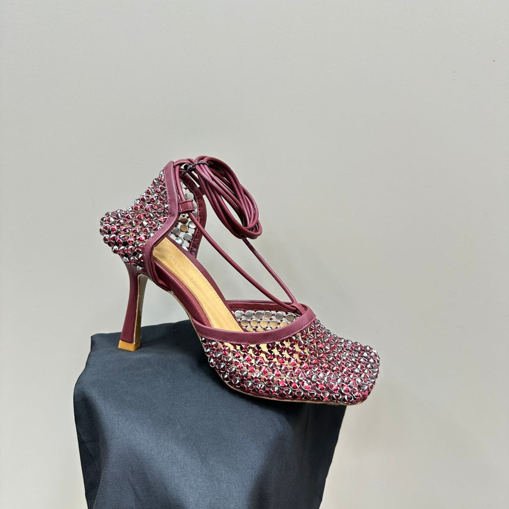 STRETCH HIGH HEELS 9 CM IN SANGRIA RED METALLIZE MESH AND LEATHER WITH CRYSTAL