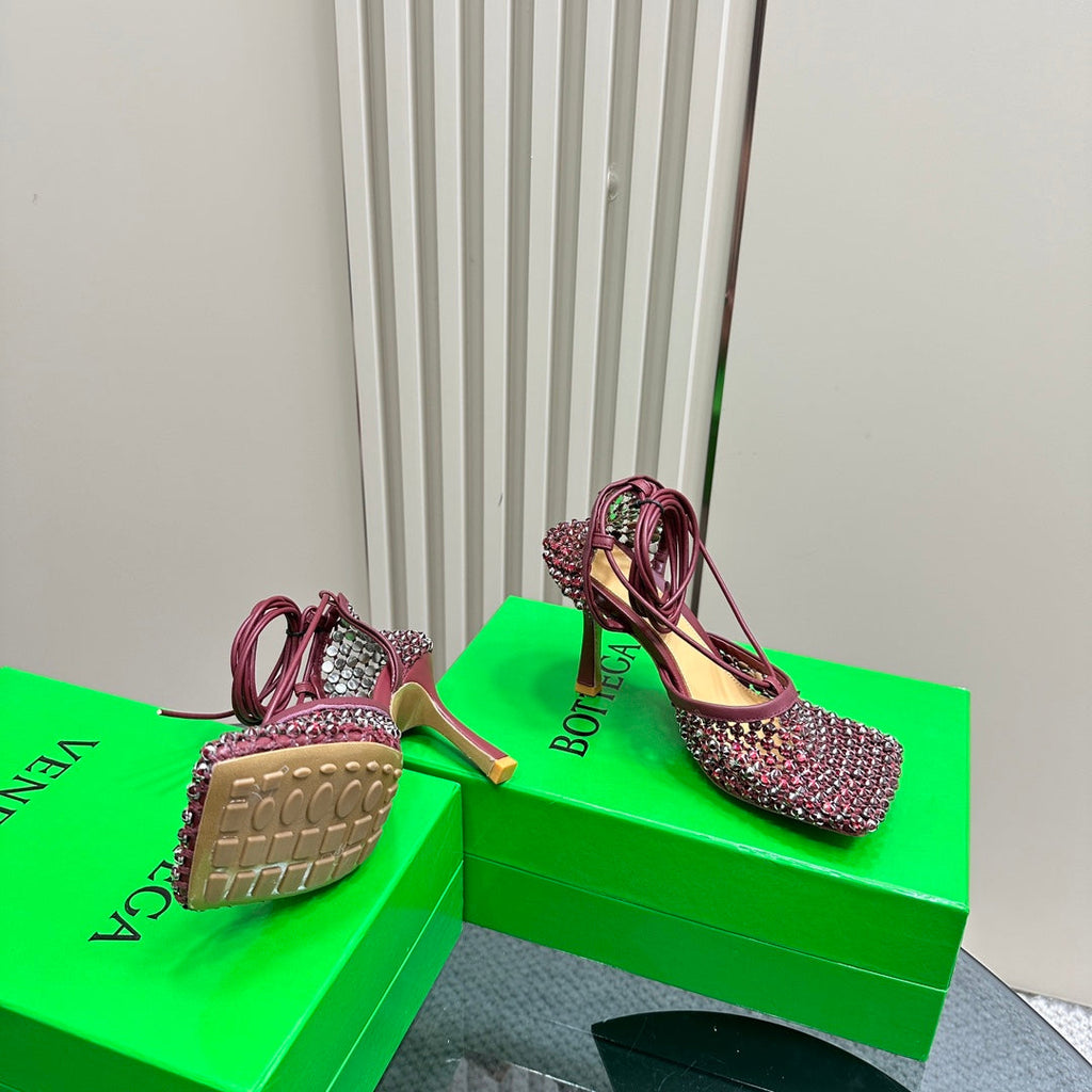 STRETCH HIGH HEELS 9 CM IN SANGRIA RED METALLIZE MESH AND LEATHER WITH CRYSTAL