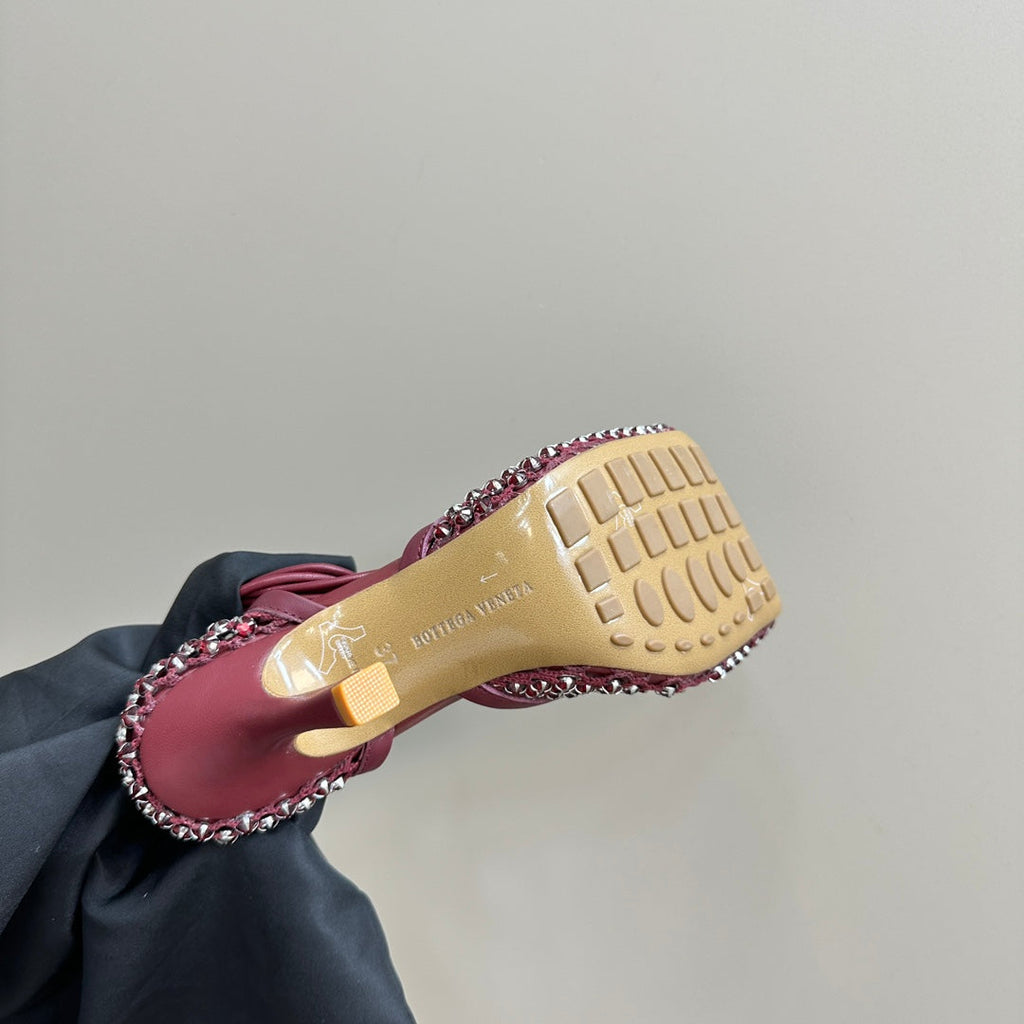 STRETCH HIGH HEELS 9 CM IN SANGRIA RED METALLIZE MESH AND LEATHER WITH CRYSTAL